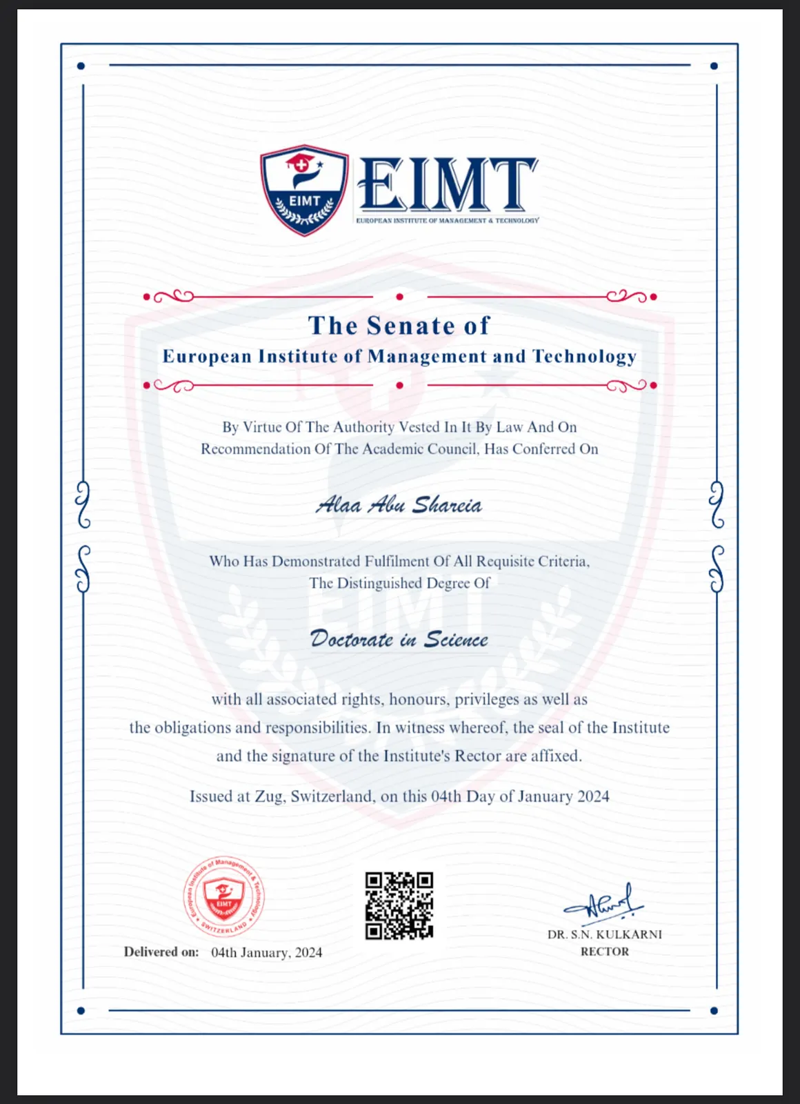 Doctorate in Science – European Institute of Management and Technology