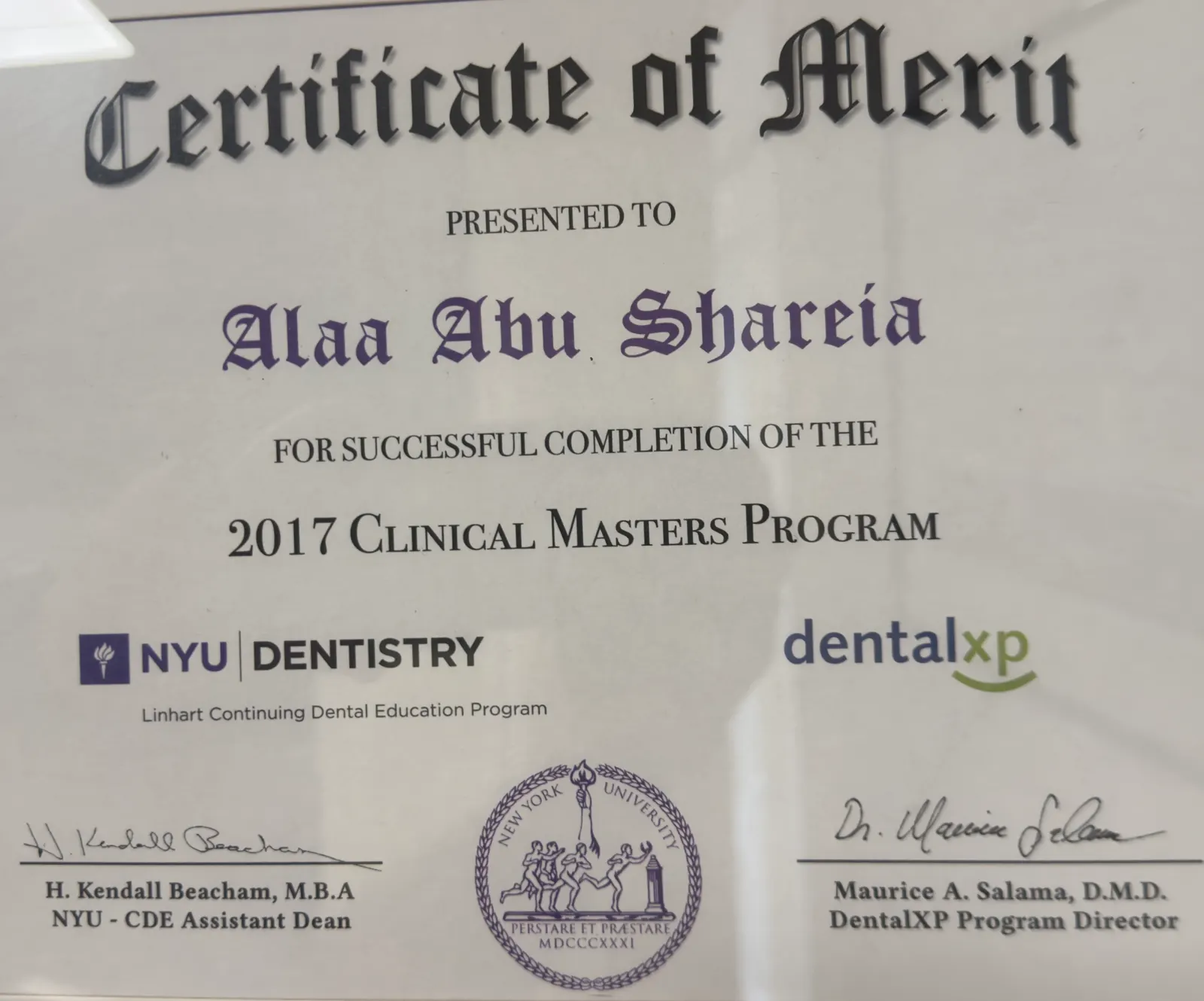 Certificate of Merit – NYU Dentistry, 2017 Clinical Masters Program
